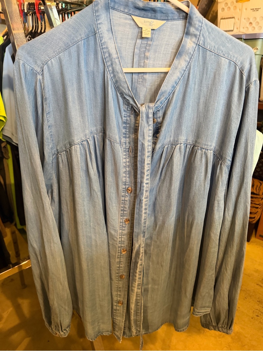 Terra & Sky Light Blue Denim-Effect Button Front Tie-Neck Top